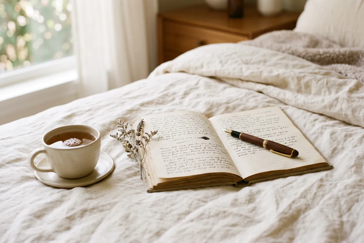 Open journal with handwritten pages, pen and a cup of tea on cream linen