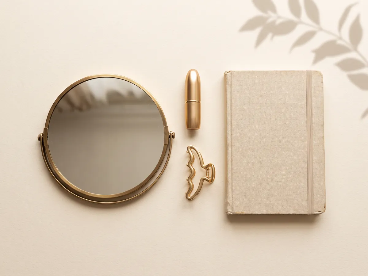 Vanity mirror with lipstick and journal on cream background